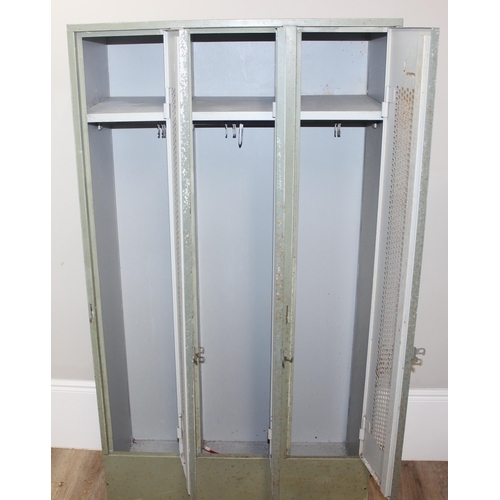 179 - An industrial metal 3 section locker, grey painted and numbered, approx 90cm wide x 50cm deep x 185c... 