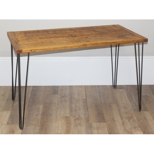 182 - An unusual vintage side table with scrubbed reclaimed wooden top and hairpin legs, approx 120cm wide... 