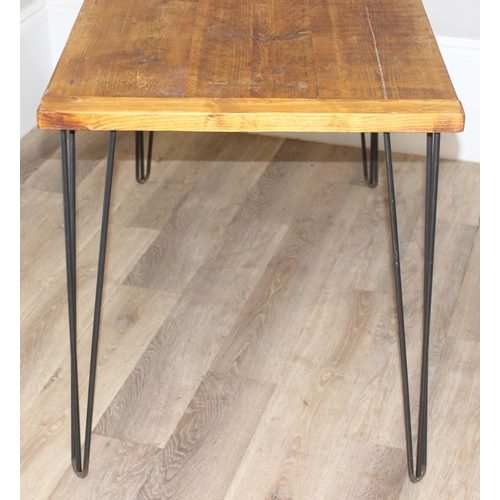 182 - An unusual vintage side table with scrubbed reclaimed wooden top and hairpin legs, approx 120cm wide... 