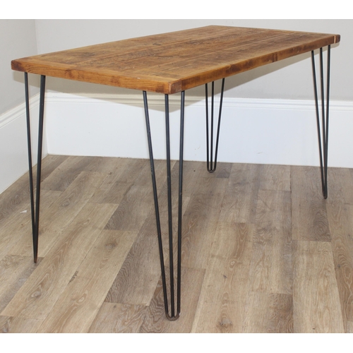 182 - An unusual vintage side table with scrubbed reclaimed wooden top and hairpin legs, approx 120cm wide... 