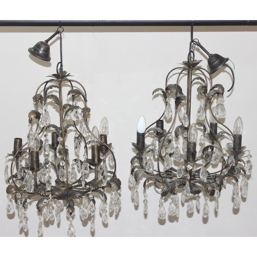 263 - Pair of 5 light chandeliers with leaf designs and crystal drops, each approx 70cm H