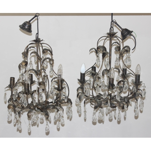 263 - Pair of 5 light chandeliers with leaf designs and crystal drops, each approx 70cm H