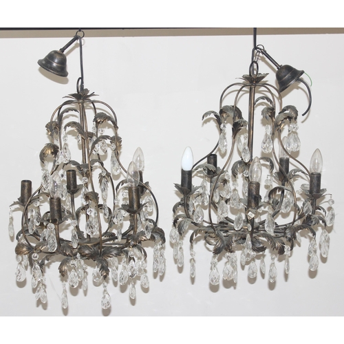 263 - Pair of 5 light chandeliers with leaf designs and crystal drops, each approx 70cm H