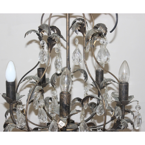 263 - Pair of 5 light chandeliers with leaf designs and crystal drops, each approx 70cm H