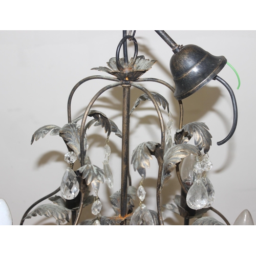 263 - Pair of 5 light chandeliers with leaf designs and crystal drops, each approx 70cm H