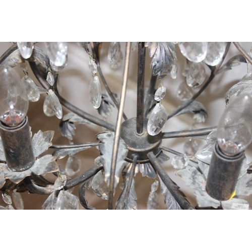 263 - Pair of 5 light chandeliers with leaf designs and crystal drops, each approx 70cm H