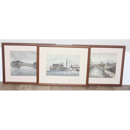 418 - 3 vintage watercolours of industrial scenes, unsigned, but likely by the same hand, approx 51cm W x ... 