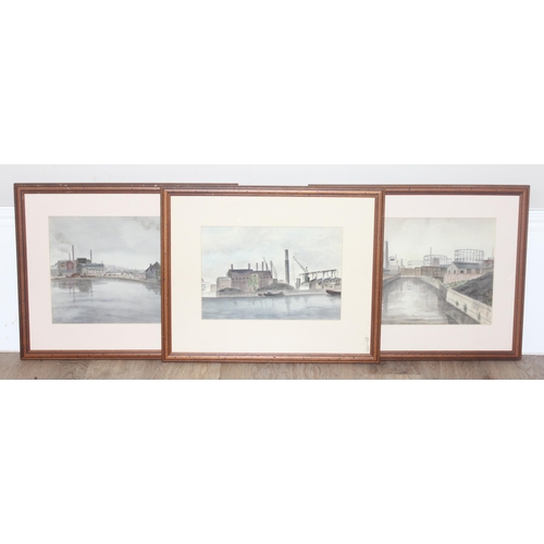 418 - 3 vintage watercolours of industrial scenes, unsigned, but likely by the same hand, approx 51cm W x ... 