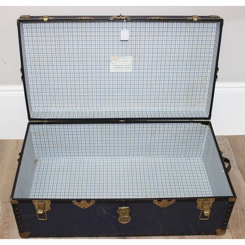 108 - 2 vintage blue covered shipping trunks, each approx 92cm wide x 50cm deep x 36cm tall