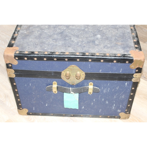 108 - 2 vintage blue covered shipping trunks, each approx 92cm wide x 50cm deep x 36cm tall