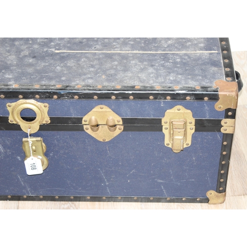 108 - 2 vintage blue covered shipping trunks, each approx 92cm wide x 50cm deep x 36cm tall