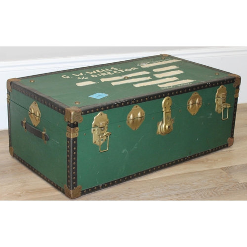 109 - 2 vintage shipping trunks, one with green covering the other with canvas and metal banding, the canv... 