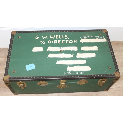 109 - 2 vintage shipping trunks, one with green covering the other with canvas and metal banding, the canv... 