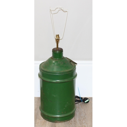 235 - A vintage green painted Castrol fuel or oil can formed into a table lamp, approx 86cm tall inc frame