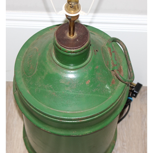 235 - A vintage green painted Castrol fuel or oil can formed into a table lamp, approx 86cm tall inc frame