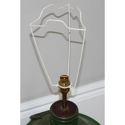 235 - A vintage green painted Castrol fuel or oil can formed into a table lamp, approx 86cm tall inc frame