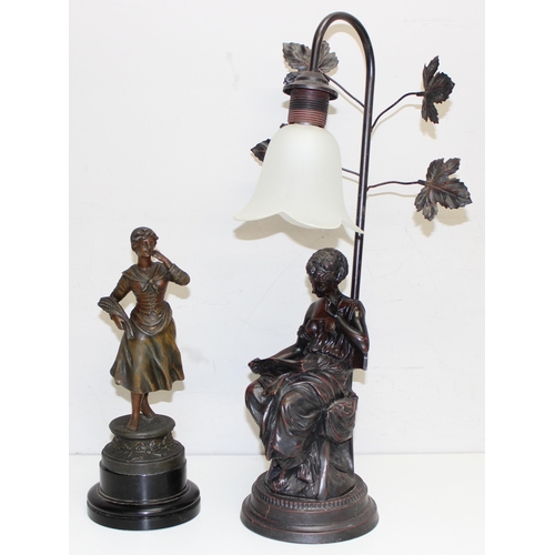 240 - A bronzed figure table lamp formed as a seated female and an antique bronzed spelter figure, the lam... 