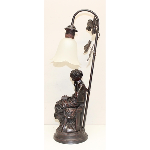 240 - A bronzed figure table lamp formed as a seated female and an antique bronzed spelter figure, the lam... 