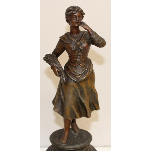 240 - A bronzed figure table lamp formed as a seated female and an antique bronzed spelter figure, the lam... 