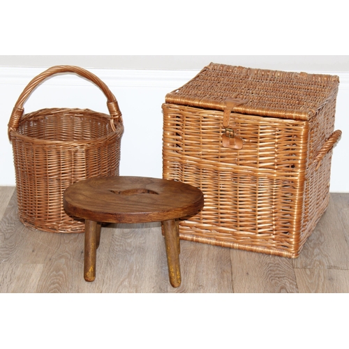 274 - A cube shaped vintage wicker wine or picnic basket, a round wicker basket and a small elm stool, the... 