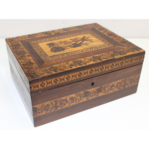 275 - A Victorian Tunbridgeware inlaid jewellery or sewing box with rosewood and marquetry inlay, approx 2... 