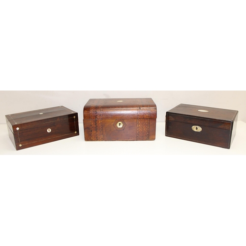 278 - 3 assorted antique jewellery or sewing boxes, 2 rosewood and one German bandware, the largest approx... 