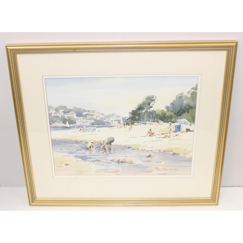 380 - 4 assorted pictures to inc a print of a Donkey and children on a beach, 2 floral watercolours signed... 