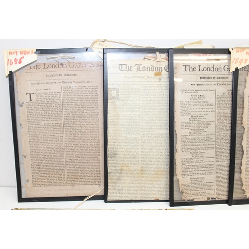 381 - 6 assorted framed pages from the London Gazette & London Chronicle, mainly 17th and 18th century, a ... 