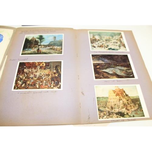 382 - Folio of assorted vintage artworks in various mediums, 2 scrapbooks containing postcards etc and oth... 