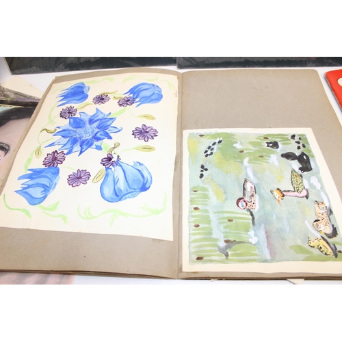 382 - Folio of assorted vintage artworks in various mediums, 2 scrapbooks containing postcards etc and oth... 