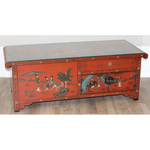 98 - A Chinese Red Lacquer Dwarf Cabinet, 20th century, the whole painted with figures and landscapes, ea... 