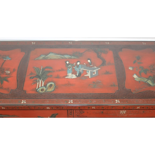 98 - A Chinese Red Lacquer Dwarf Cabinet, 20th century, the whole painted with figures and landscapes, ea... 