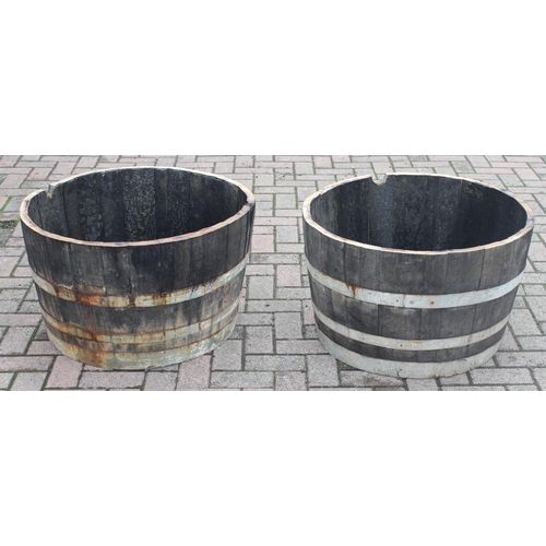 327 - Pair of vintage half sized wooden coopered barrel planters, approx 71cm W x 41cm H