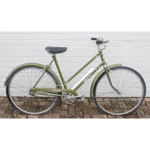 780 - A vintage Hercules Balmoral ladies 3 speed bicycle in olive green, manufactured in Nottingham