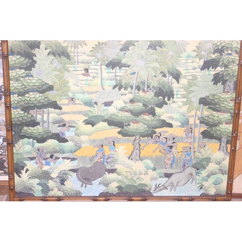 421 - Balinese School, painting on canvas of cranes within a forest setting, mounted in decorative carved ... 