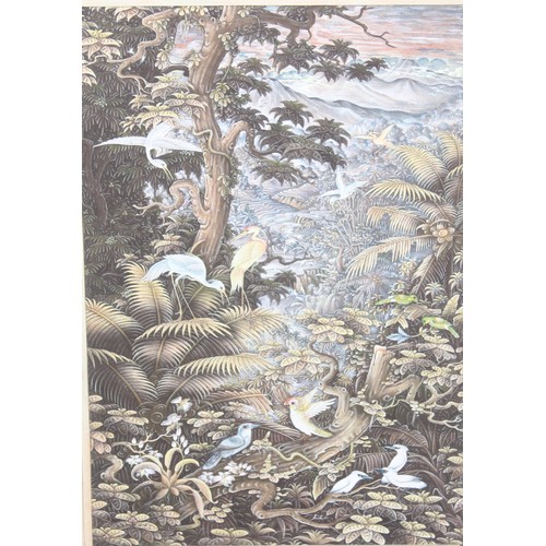 421 - Balinese School, painting on canvas of cranes within a forest setting, mounted in decorative carved ... 