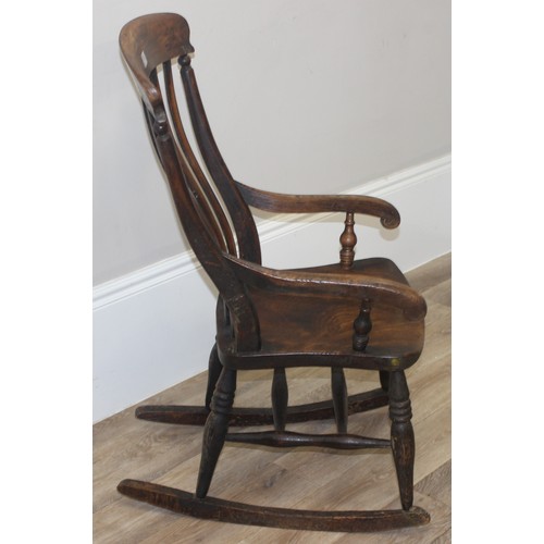 174 - Antique slat back Windsor rocking chair with elm seat, approx 102cm H