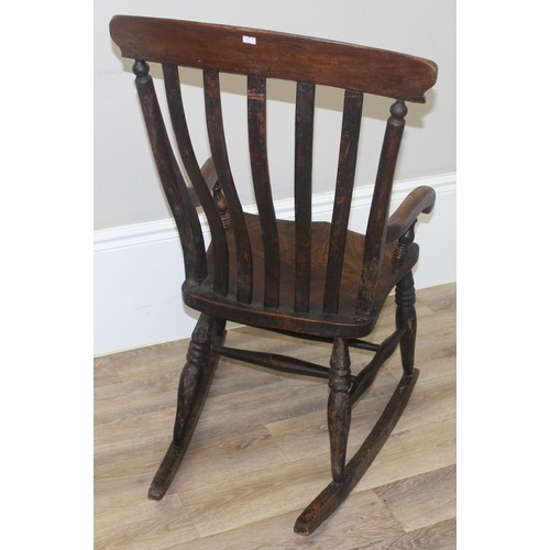 174 - Antique slat back Windsor rocking chair with elm seat, approx 102cm H