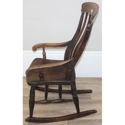 174 - Antique slat back Windsor rocking chair with elm seat, approx 102cm H