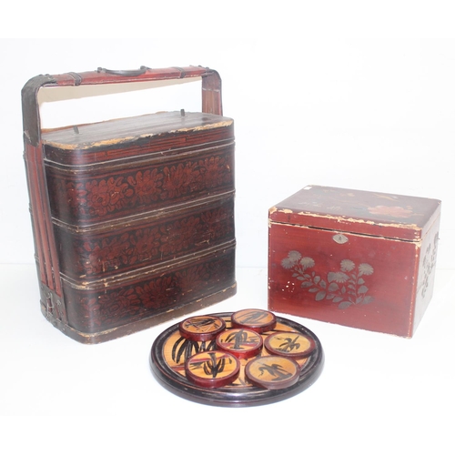 13 - Qty of Oriental and Oriental style items to include a Chinese 3 tier food box and a hand painted red... 