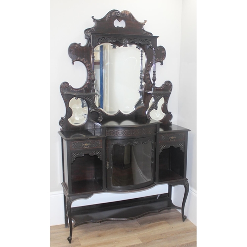 22 - A Victorian ebonised chiffonier or sideboard with mirror and shelf top with domed glass display cabi... 