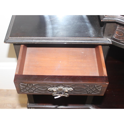 22 - A Victorian ebonised chiffonier or sideboard with mirror and shelf top with domed glass display cabi... 