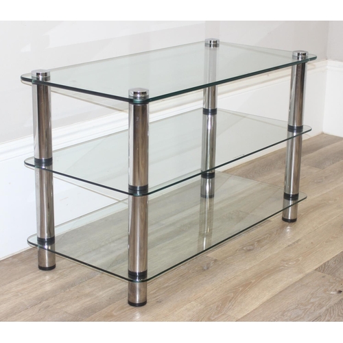 36 - An Optimum bespoke 3 tier media unit or side table with glass shelves and chrome supports, approx 90... 