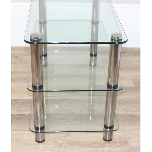 36 - An Optimum bespoke 3 tier media unit or side table with glass shelves and chrome supports, approx 90... 