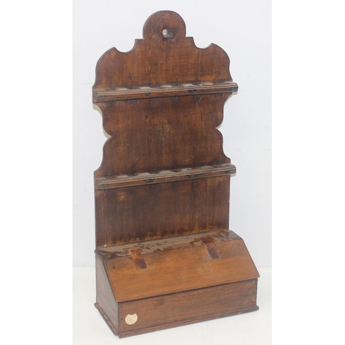 46 - An antique stained pine spoon rack and box, likely 19th century, approx 31cm wide x 62cm tall