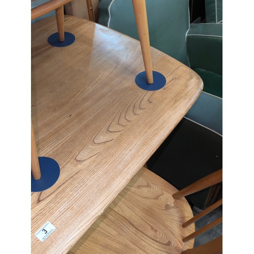 3 - A retro Ercol rectangular dining table with blue and gold label, blonde finish, approx 153cm W x 76c... 