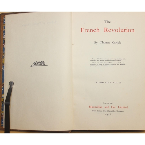 565 - The French Revolution by Thomas Carlyle, published 1906 by Macmillan & Co, 2 volumes, full leather b... 