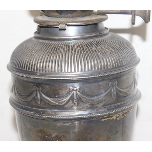 1010 - A 19th century silver plated oil lamp base of classical form, seemingly unmarked, approx 34cm tall