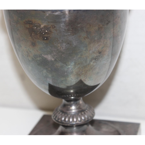 1010 - A 19th century silver plated oil lamp base of classical form, seemingly unmarked, approx 34cm tall