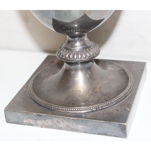 1010 - A 19th century silver plated oil lamp base of classical form, seemingly unmarked, approx 34cm tall